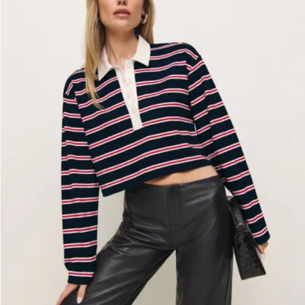 REFORMATION NWT Anna Rugby Shirt In Navy And Red Stripe
